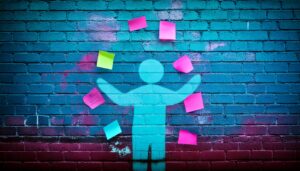 Person juggling post-it notes