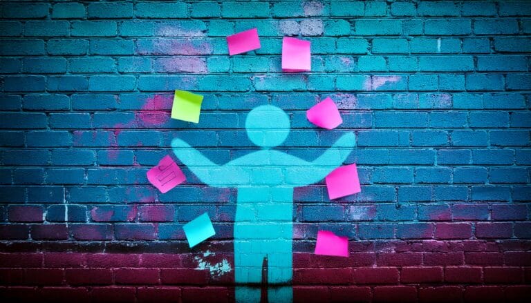 Person juggling post-it notes