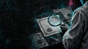 Figure in a white lab coat studying training certificates through a magnifying glass, Elev-8 learning transfer research
