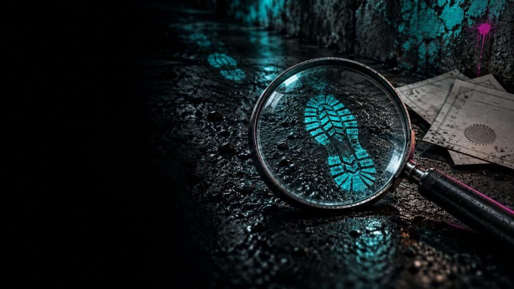 A magnifying glass over a glowing teal bootprint on a dark, wet street, with certificates beside it