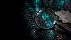 A magnifying glass over a glowing teal bootprint on a dark, wet street, with certificates beside it